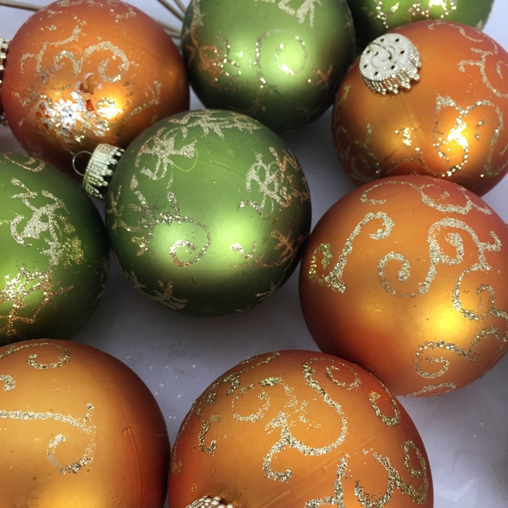 Green & Gold Glitter Ornaments Set Of 16